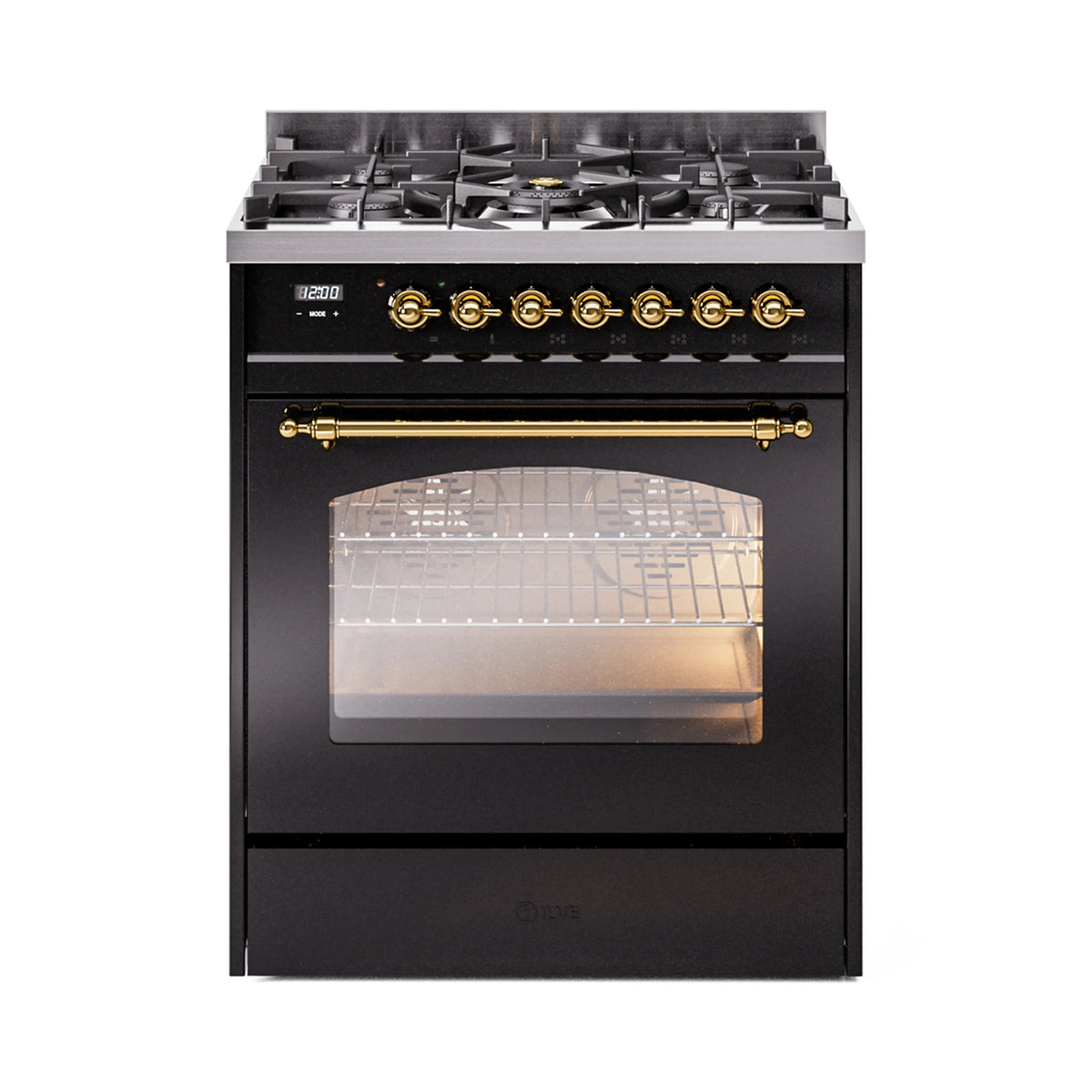 ILVE Nostalgie II 30-Inch Dual Fuel Freestanding Range in Glossy Black with Brass Trim (UP30NMPBKGLP)