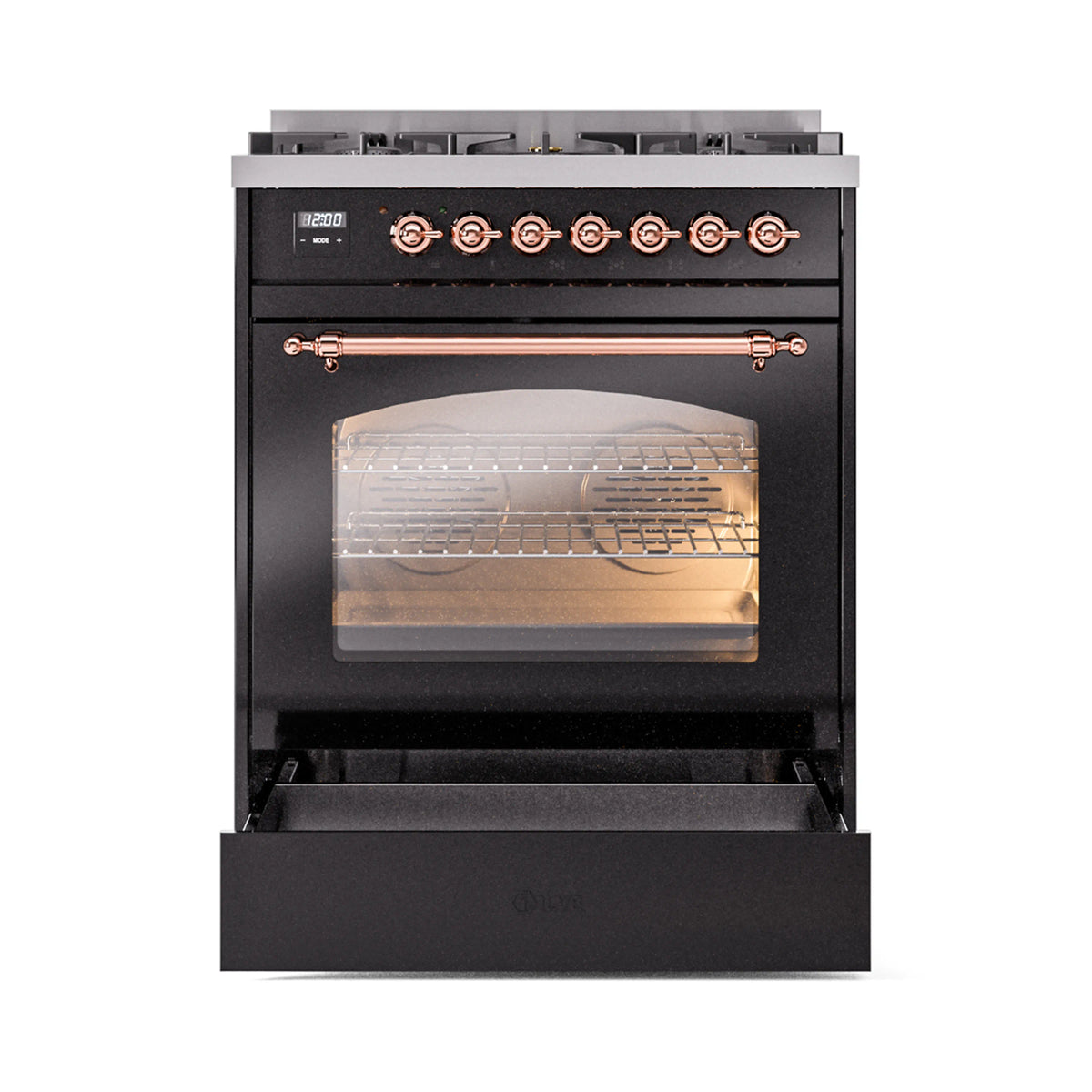 ILVE Nostalgie II 30-Inch Dual Fuel Freestanding Range in Glossy Black with Copper Trim (UP30NMPBKP)