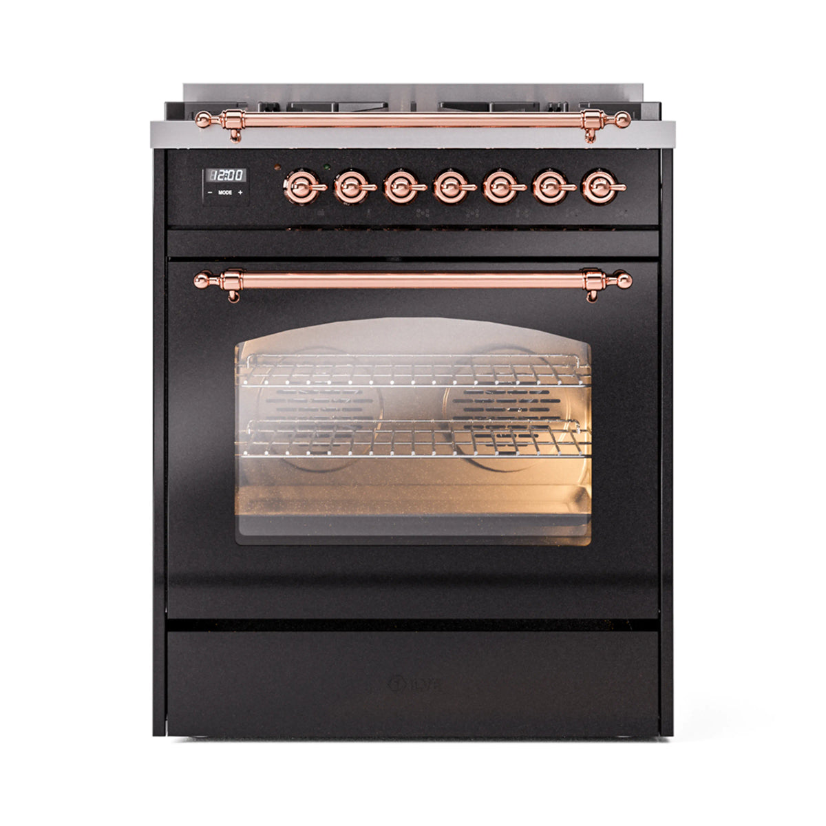 ILVE Nostalgie II 30-Inch Freestanding Propane Dual Fuel Range, Glossy Black with Copper Trim (UP30NMPBKPLP)