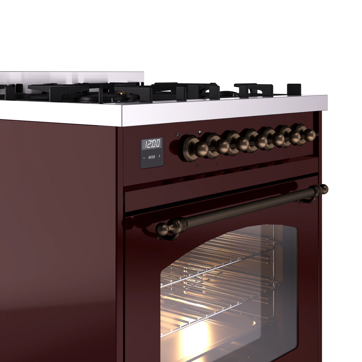 ILVE Nostalgie II 30-Inch Freestanding Natural Gas Dual Fuel Range in Burgundy with Burnished Bronze Trim (UP30NMPBUB)