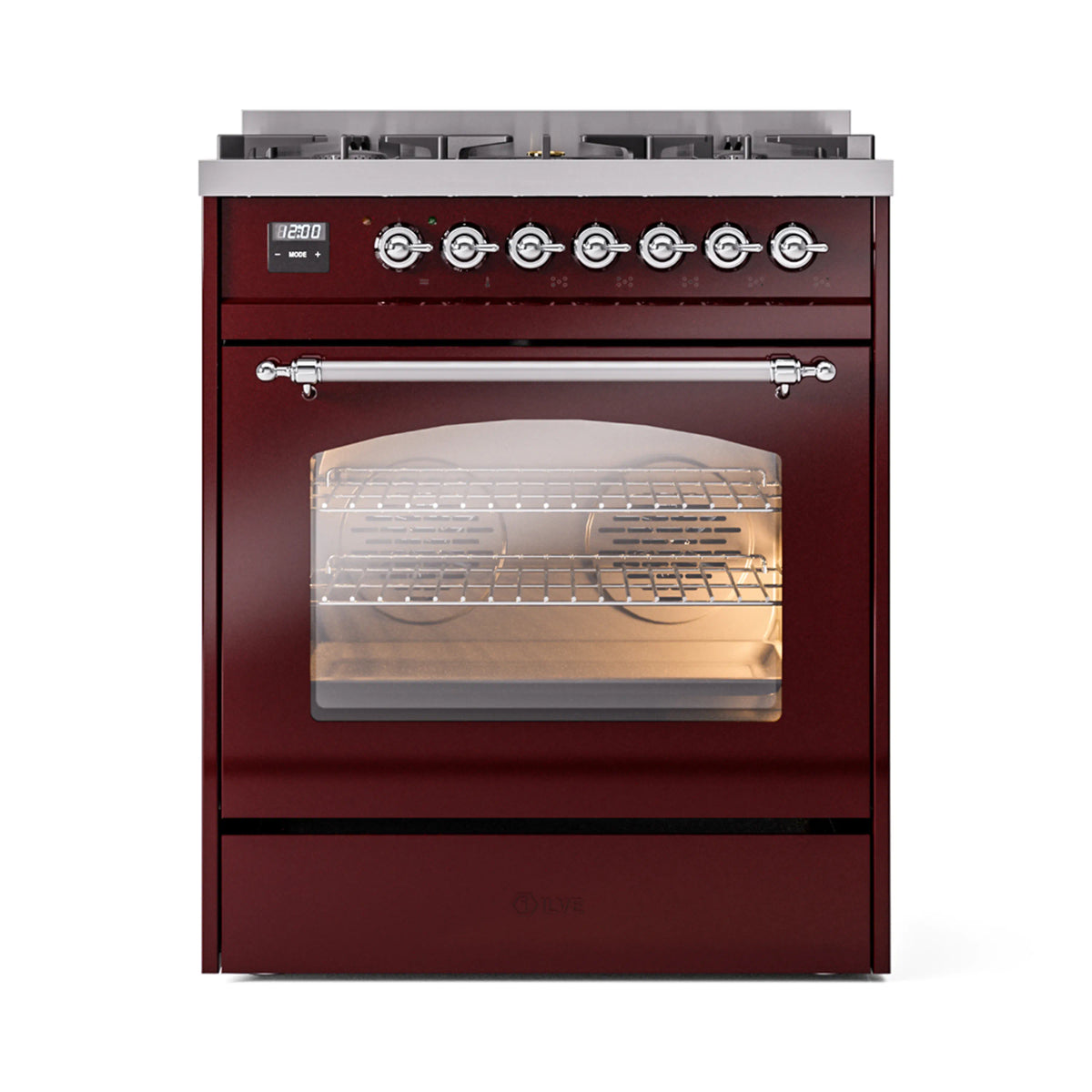 ILVE Nostalgie II 30-Inch Dual Fuel Range, Freestanding, Burgundy with Chrome Trim (UP30NMPBUCLP)