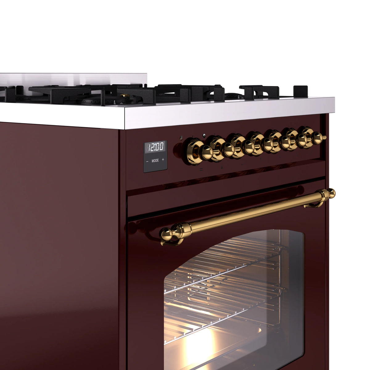 ILVE Nostalgie II 30-Inch Dual Fuel Freestanding Range in Burgundy with Brass Trim (UP30NMPBUGLP)