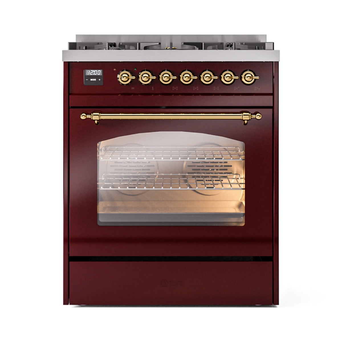 ILVE Nostalgie II 30-Inch Freestanding Natural Gas Dual Fuel Range in Burgundy with Brass Trim (UP30NMPBUG)