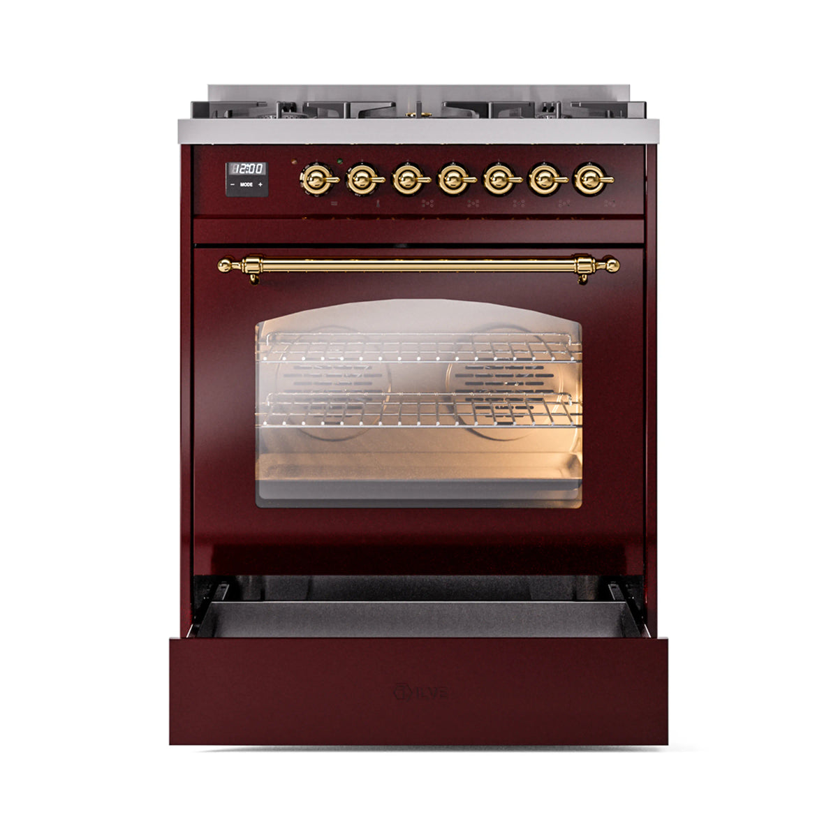 ILVE Nostalgie II 30-Inch Dual Fuel Freestanding Range in Burgundy with Brass Trim (UP30NMPBUGLP)
