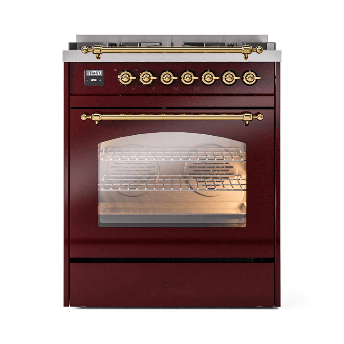 ILVE Nostalgie II 30-Inch Freestanding Natural Gas Dual Fuel Range in Burgundy with Brass Trim (UP30NMPBUG)