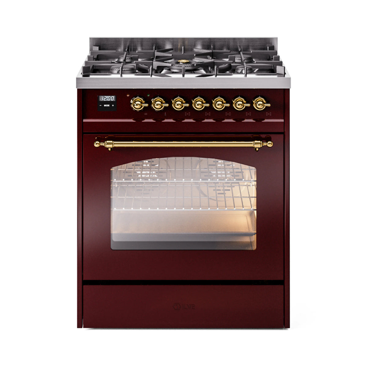 ILVE Nostalgie II 30-Inch Dual Fuel Freestanding Range in Burgundy with Brass Trim (UP30NMPBUGLP)