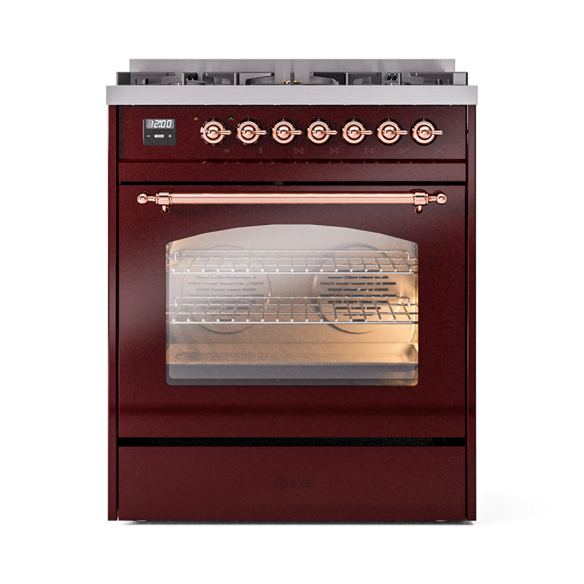 ILVE Nostalgie II 30-Inch Dual Fuel Freestanding Range in Burgundy with Copper Trim (UP30NMPBUPLP)