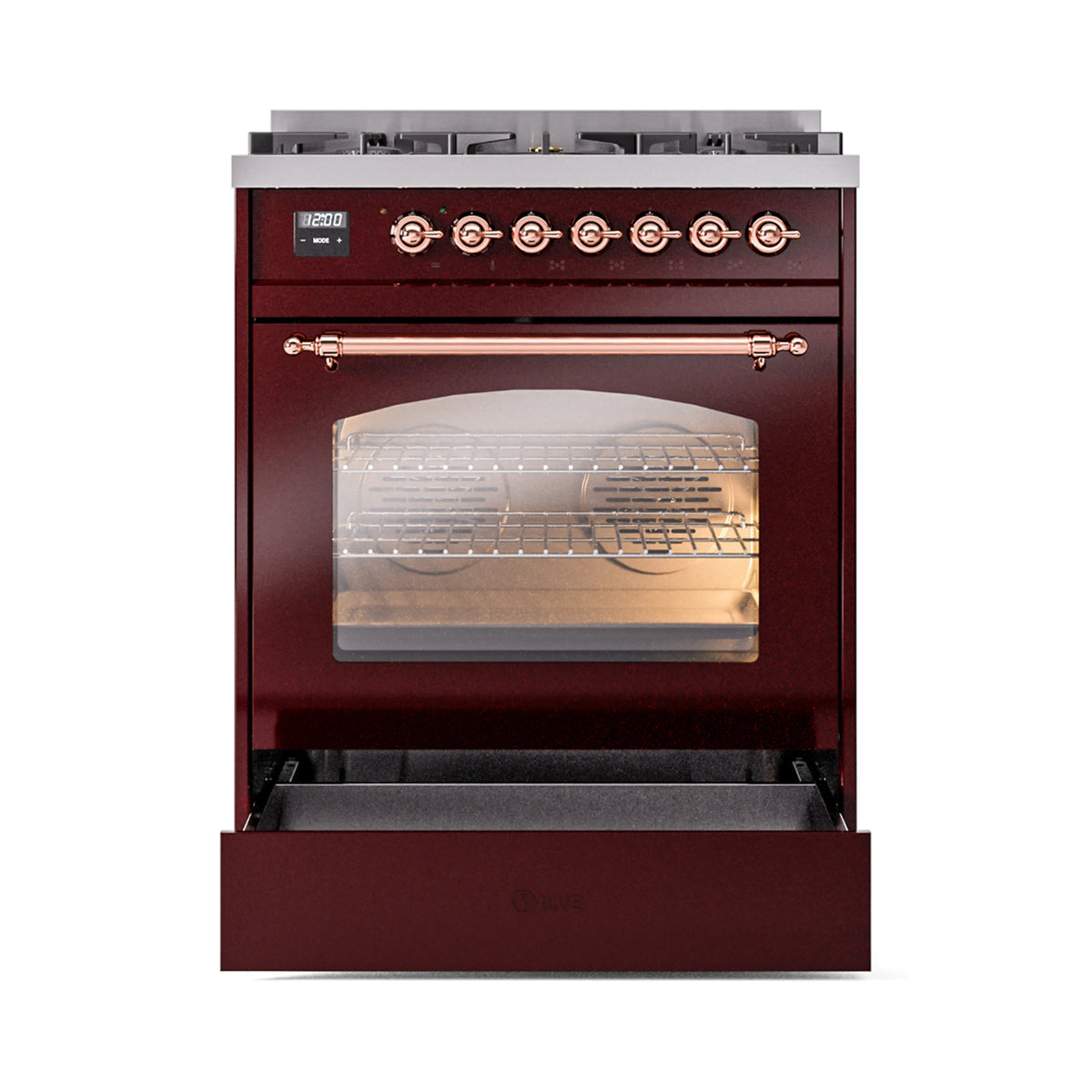 ILVE Nostalgie II 30-Inch Dual Fuel Freestanding Range in Burgundy with Copper Trim (UP30NMPBUPLP)
