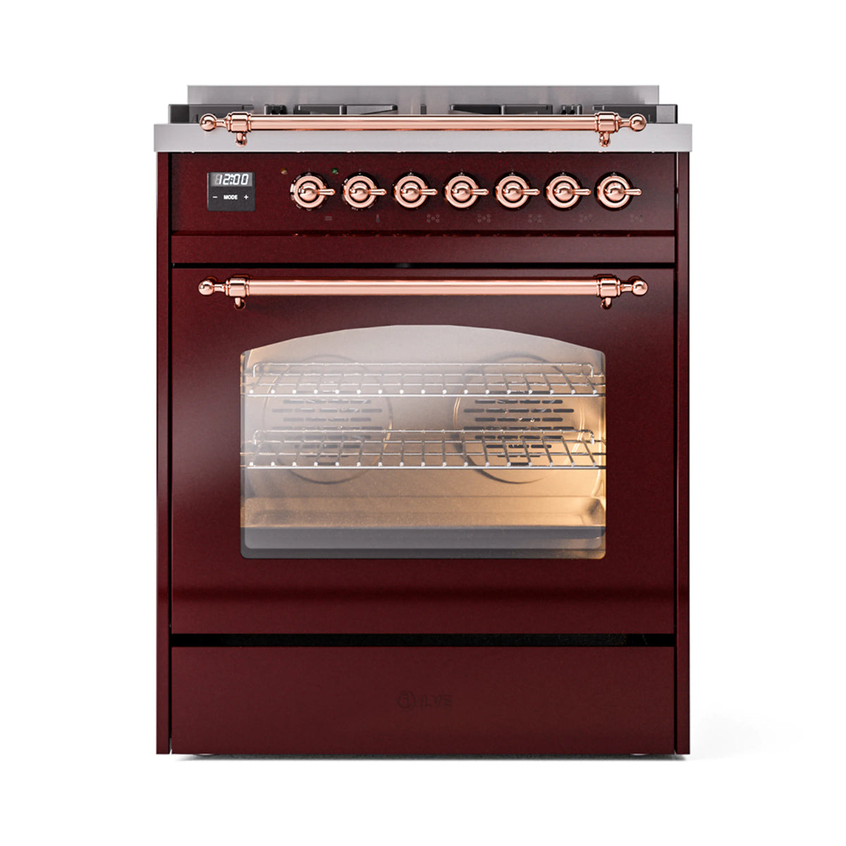 ILVE Nostalgie II 30-Inch Dual Fuel Freestanding Range in Burgundy with Copper Trim (UP30NMPBUPLP)