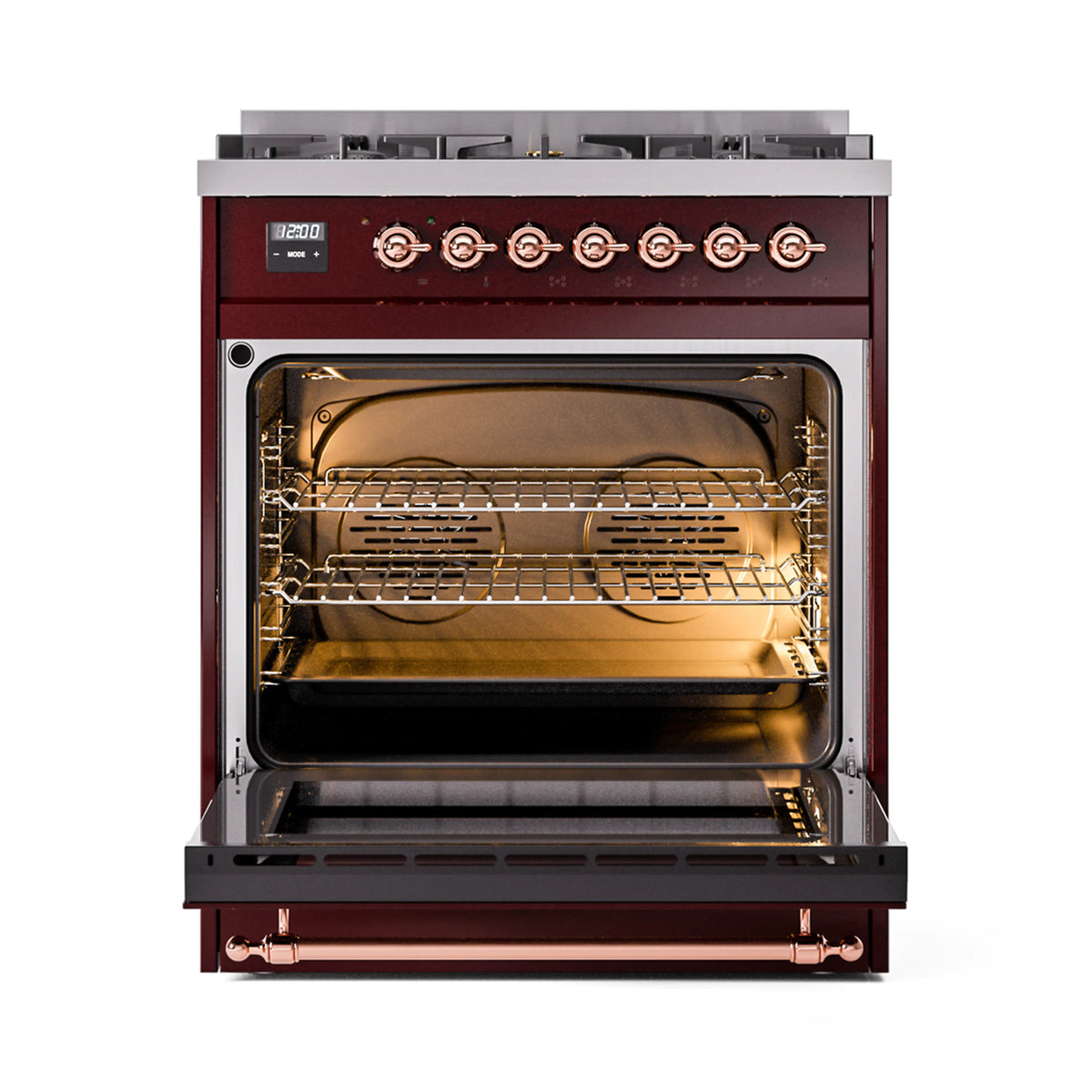 ILVE Nostalgie II 30-Inch Dual Fuel Freestanding Range in Burgundy with Copper Trim (UP30NMPBUPLP)