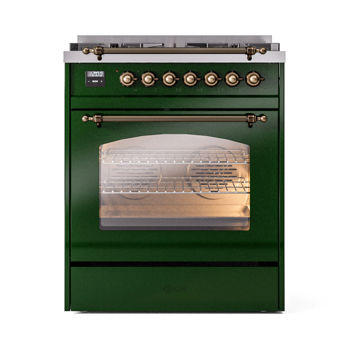 ILVE Nostalgie II 30-Inch Dual Fuel Range, Freestanding, Emerald Green with Burnished Bronze Trim (UP30NMPEGBLP)