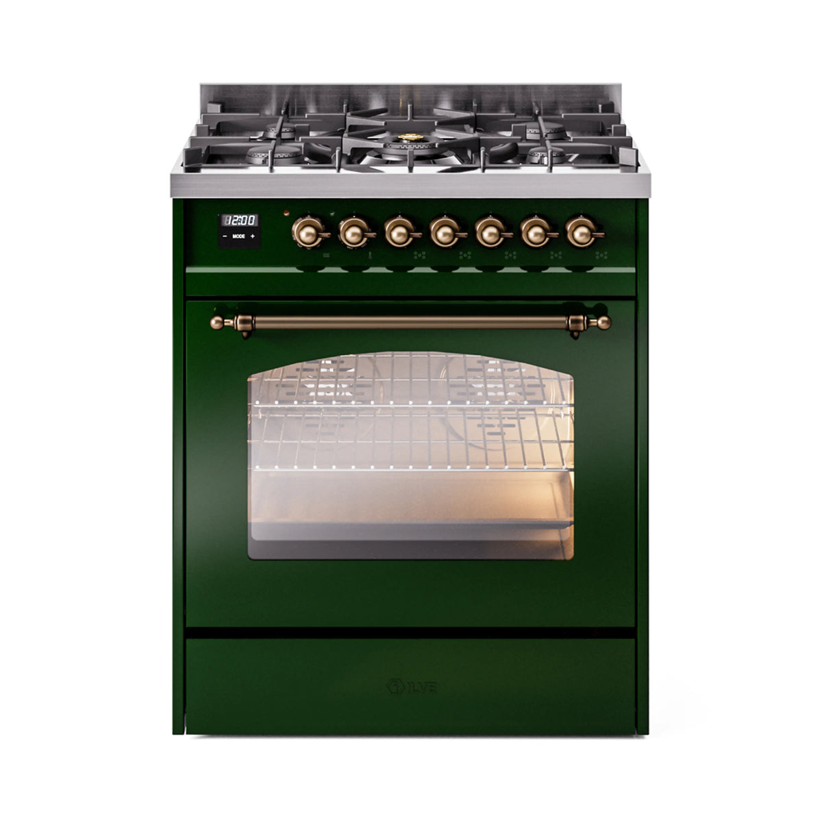 ILVE Nostalgie II 30-Inch Dual Fuel Range, Freestanding, Emerald Green with Burnished Bronze Trim (UP30NMPEGBLP)