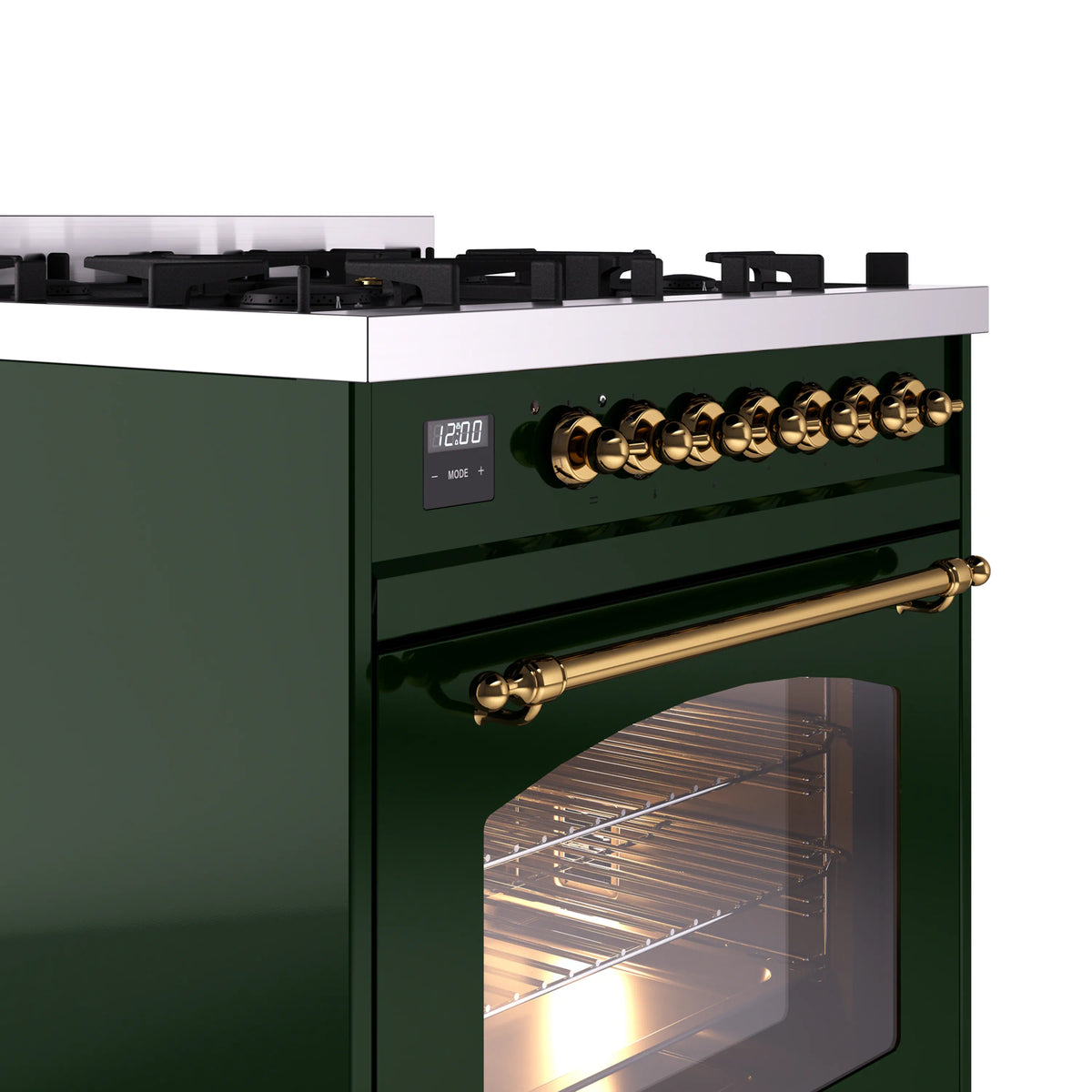 ILVE Nostalgie II 30-Inch Freestanding Natural Gas Dual Fuel Range in Emerald Green with Brass Trim (UP30NMPEGG)