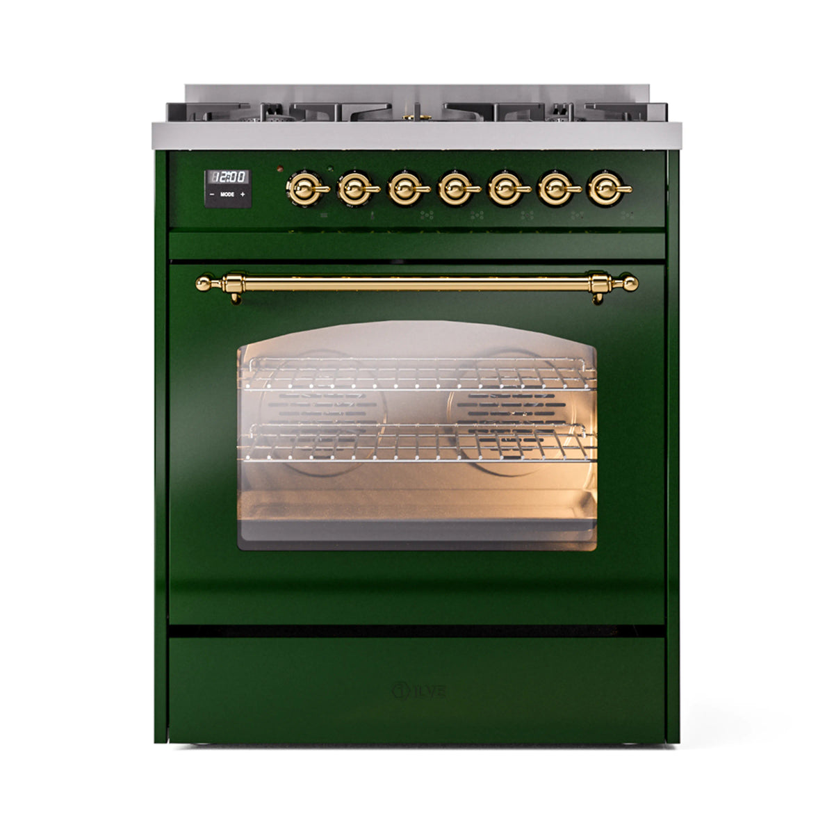 ILVE Nostalgie II 30-Inch Dual Fuel Freestanding Range in Emerald Green with Brass Trim (UP30NMPEGGLP)