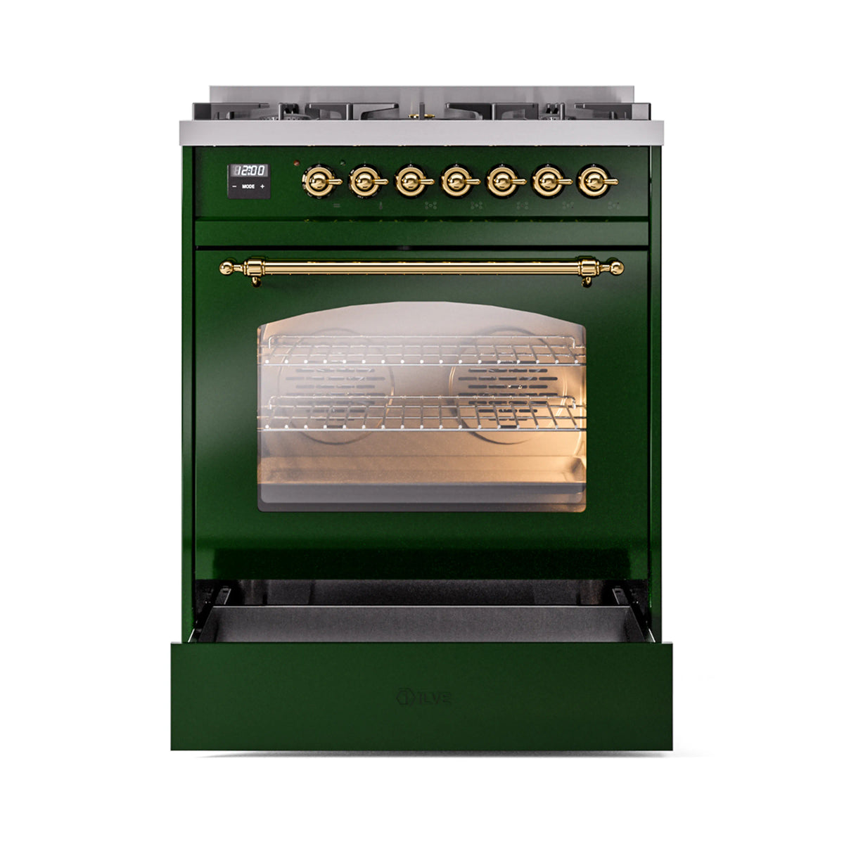 ILVE Nostalgie II 30-Inch Dual Fuel Freestanding Range in Emerald Green with Brass Trim (UP30NMPEGGLP)
