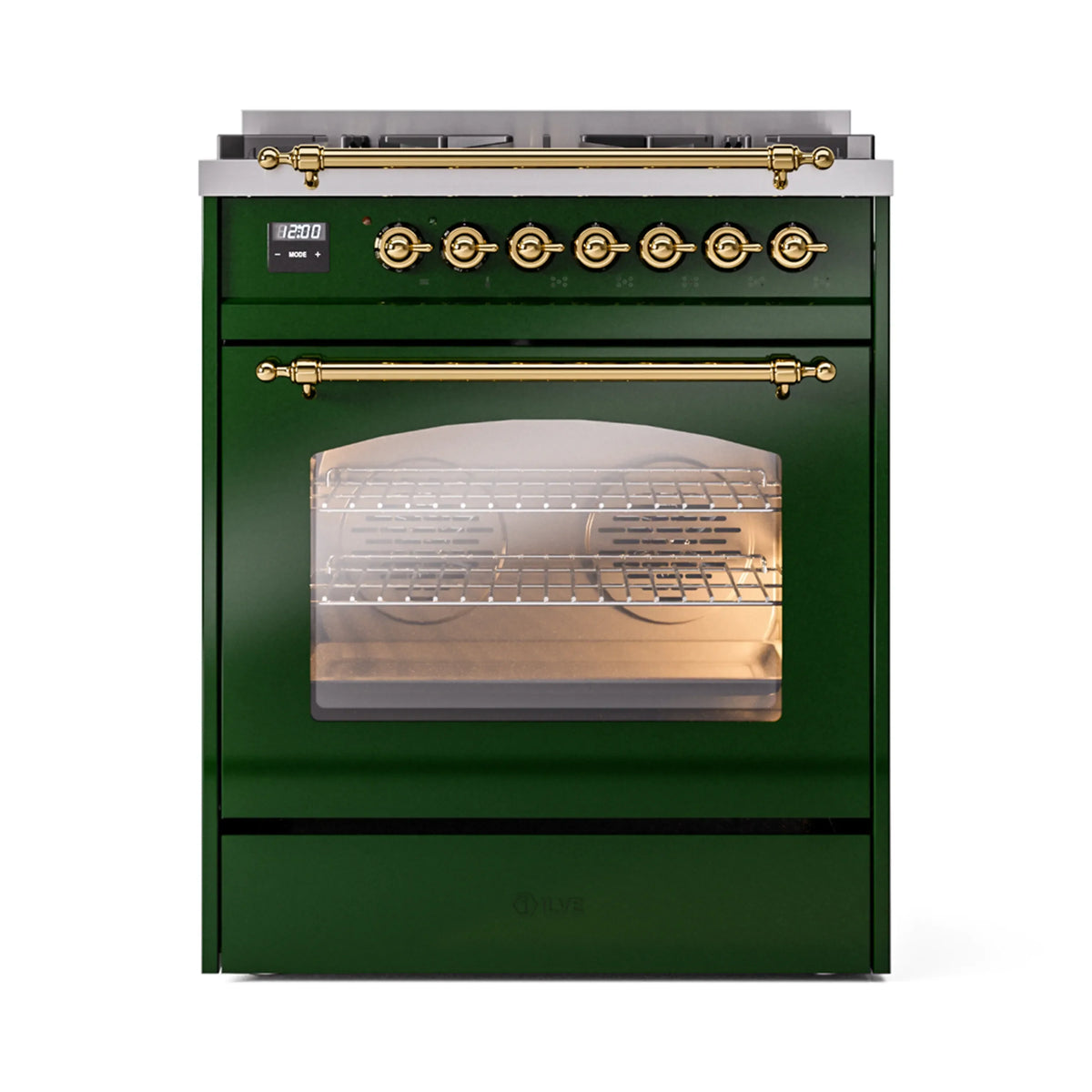 ILVE Nostalgie II 30-Inch Freestanding Natural Gas Dual Fuel Range in Emerald Green with Brass Trim (UP30NMPEGG)