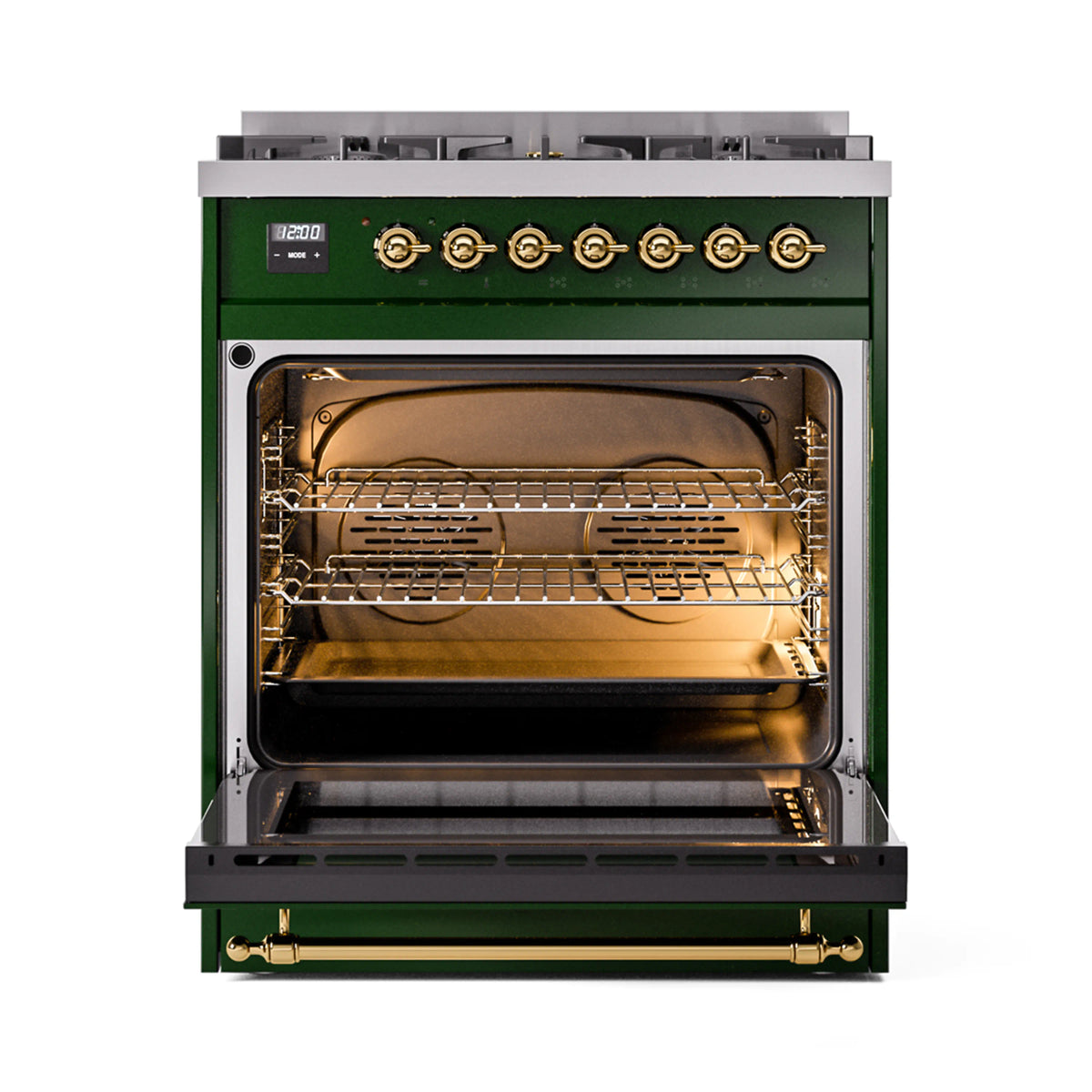 ILVE Nostalgie II 30-Inch Dual Fuel Freestanding Range in Emerald Green with Brass Trim (UP30NMPEGGLP)