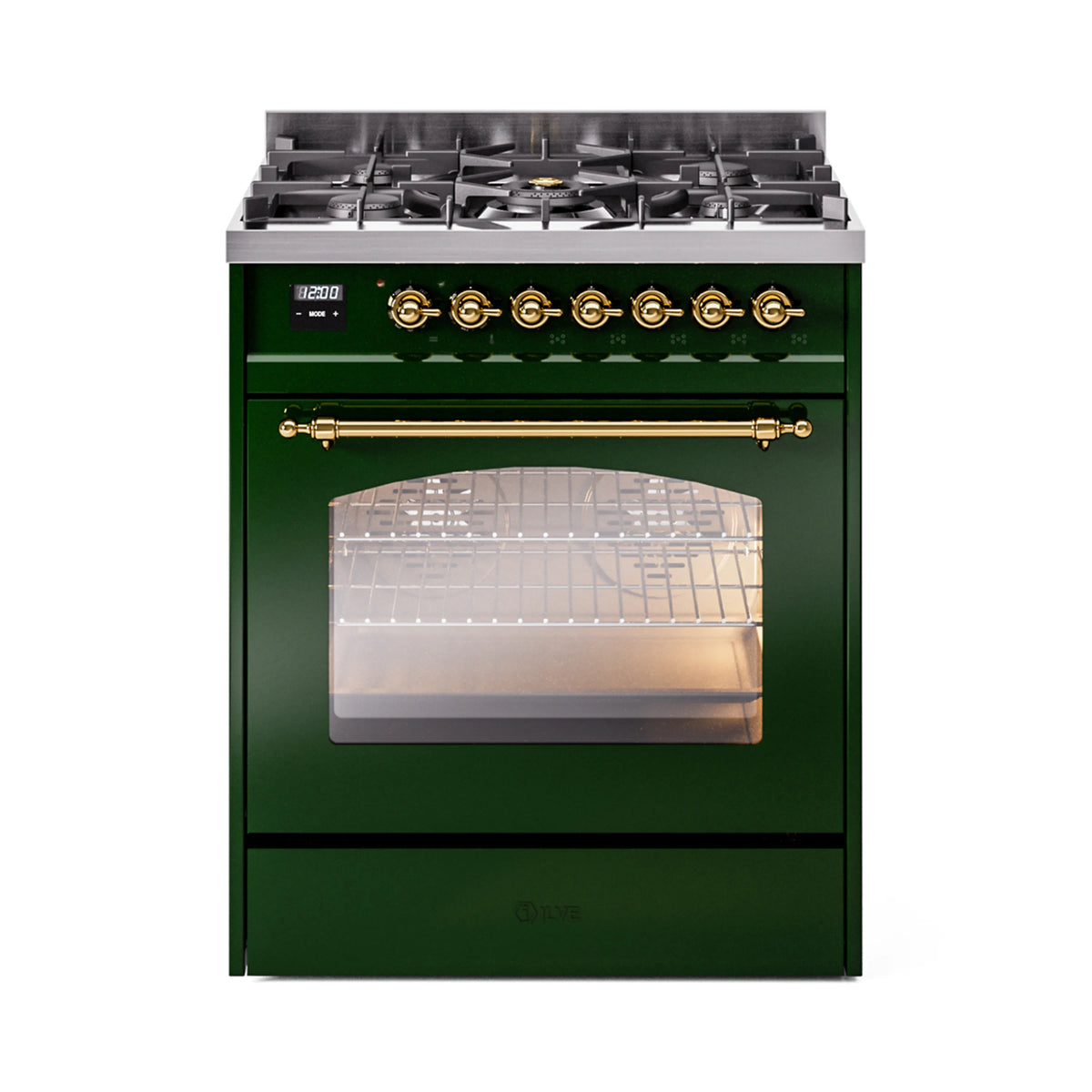 ILVE Nostalgie II 30-Inch Dual Fuel Freestanding Range in Emerald Green with Brass Trim (UP30NMPEGGLP)