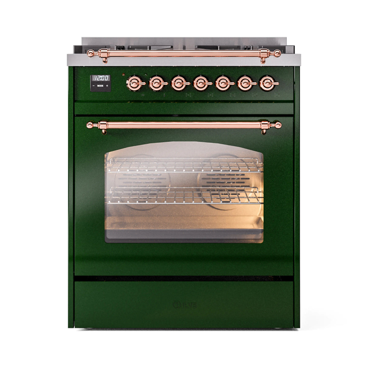 ILVE Nostalgie II 30-Inch Dual Fuel Range, Freestanding, Emerald Green with Copper Trim (UP30NMPEGPLP)