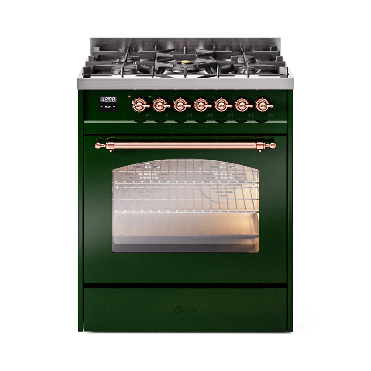 ILVE Nostalgie II 30-Inch Natural Gas Dual Fuel Range, Freestanding, Emerald Green with Copper Trim (UP30NMPEGP)