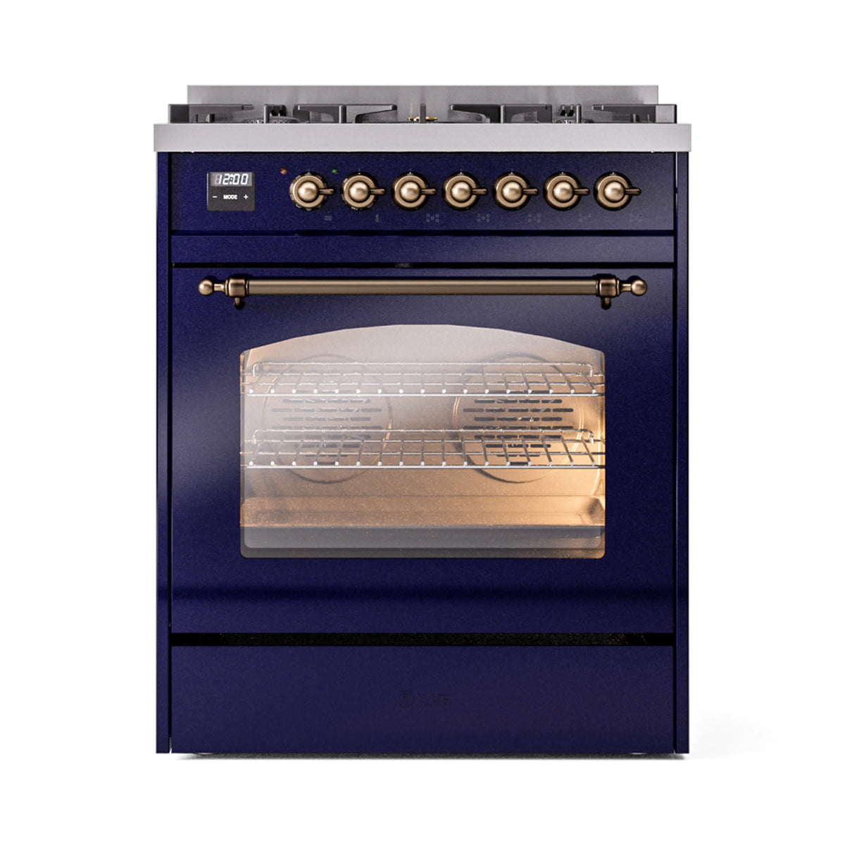 ILVE Nostalgie II 30-Inch Dual Fuel Freestanding Range in Midnight Blue with Burnished Bronze Trim (UP30NMPMBBLP)