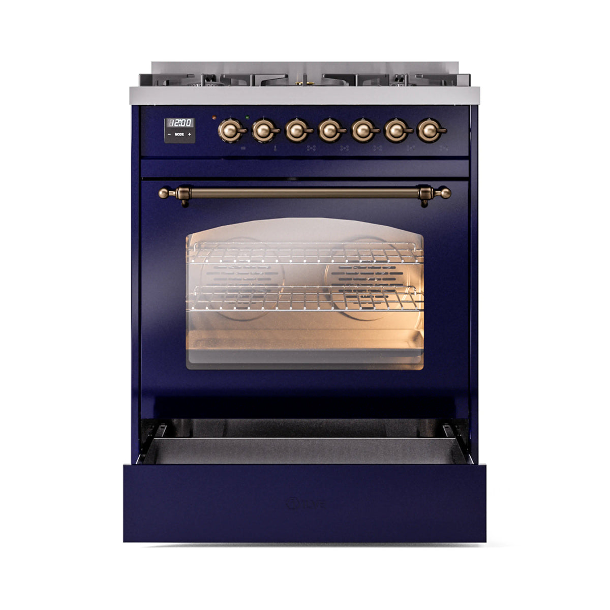 ILVE Nostalgie II 30-Inch Dual Fuel Freestanding Range in Midnight Blue with Burnished Bronze Trim (UP30NMPMBBLP)