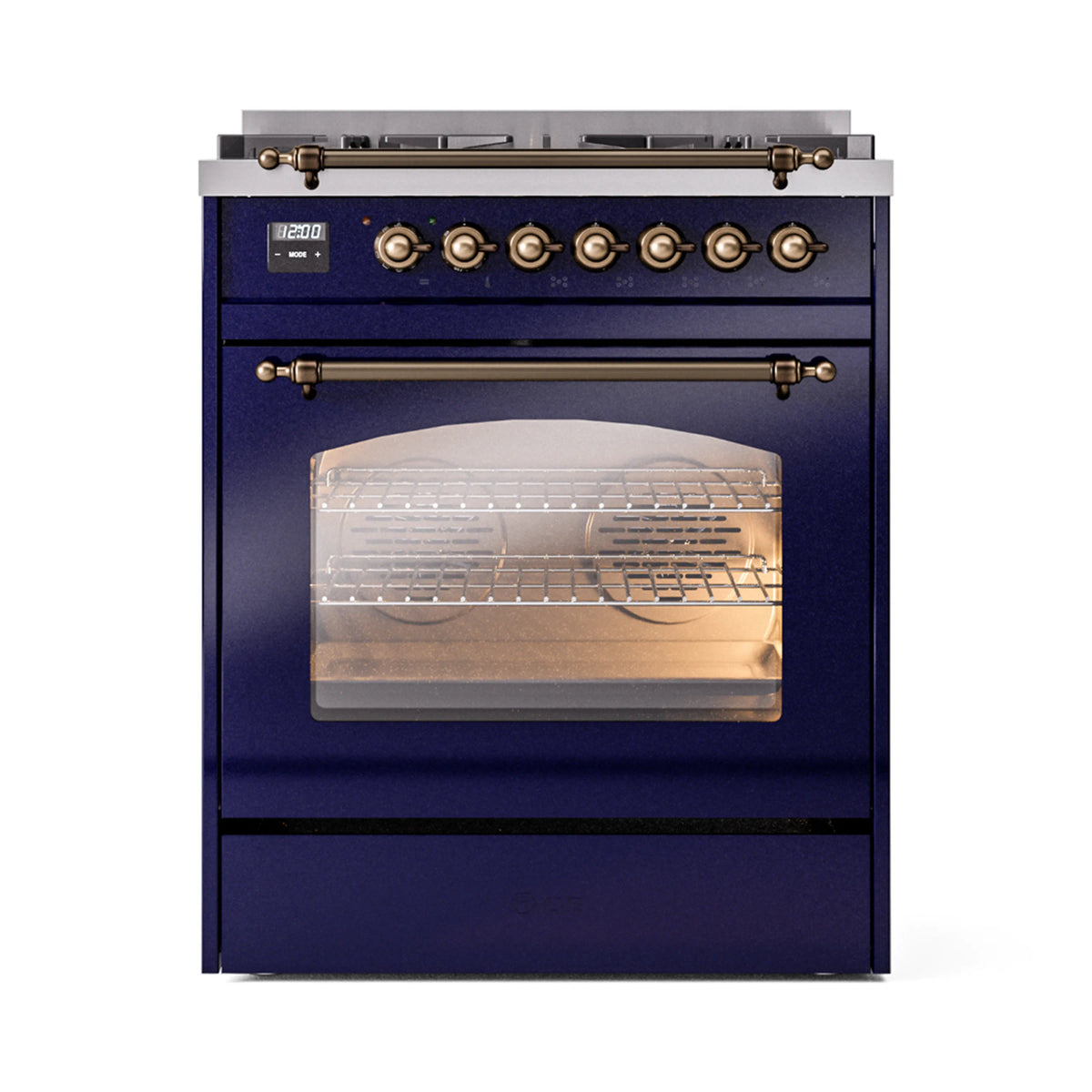 ILVE Nostalgie II 30-Inch Dual Fuel Freestanding Range in Midnight Blue with Burnished Bronze Trim (UP30NMPMBBLP)