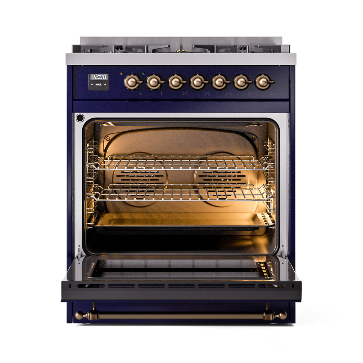 ILVE Nostalgie II 30-Inch Dual Fuel Freestanding Range in Midnight Blue with Burnished Bronze Trim (UP30NMPMBBLP)