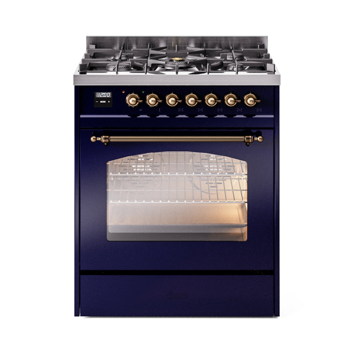 ILVE Nostalgie II 30-Inch Dual Fuel Freestanding Range in Midnight Blue with Burnished Bronze Trim (UP30NMPMBBLP)