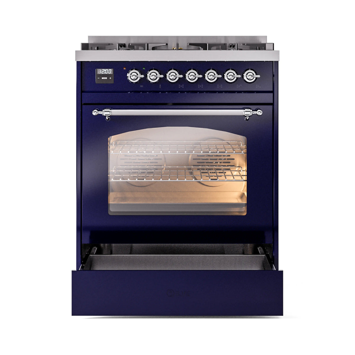 ILVE Nostalgie II 30-Inch Freestanding Natural Gas Dual Fuel Range in Midnight Blue with Chrome Trim (UP30NMPMBC)