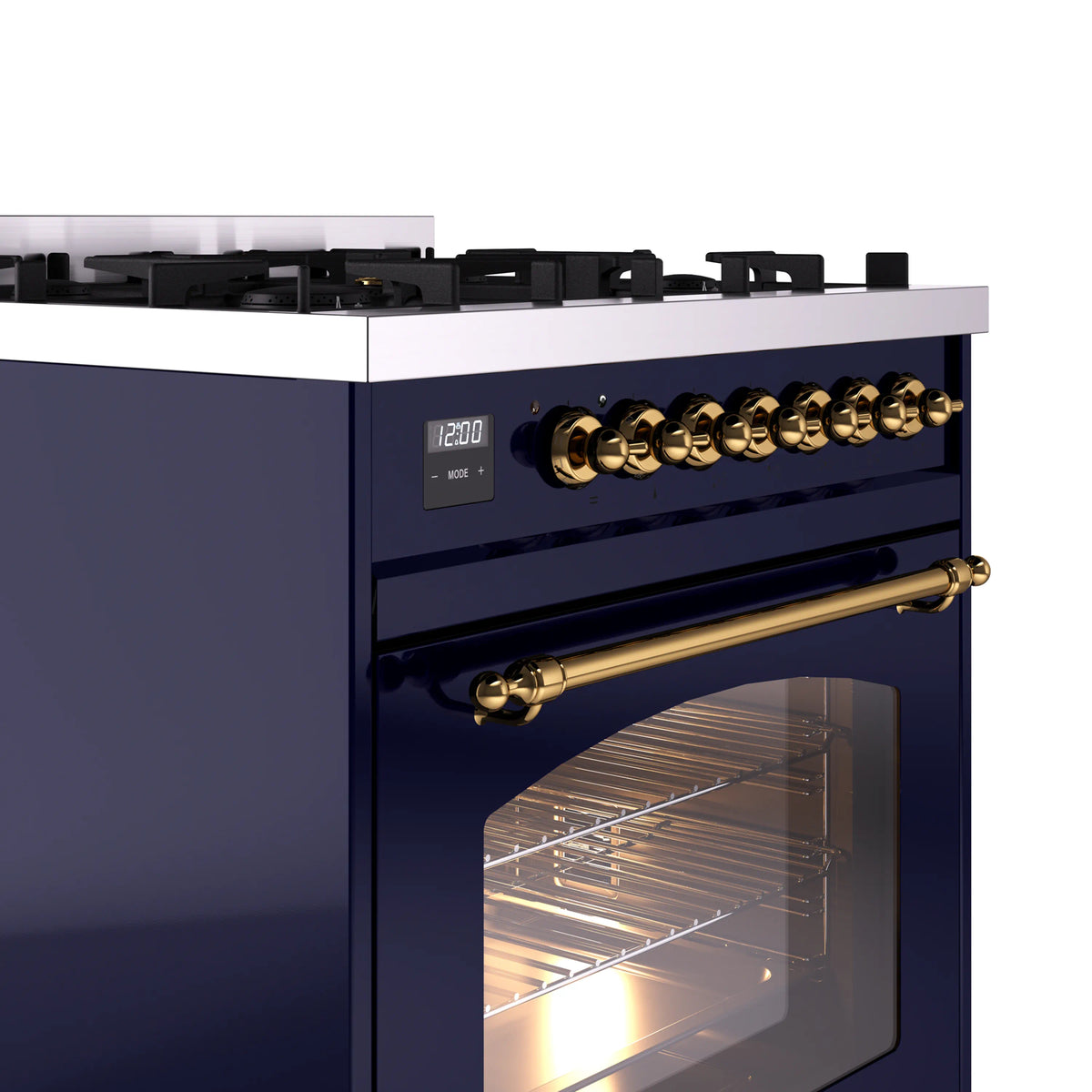 ILVE Nostalgie II 30-Inch Dual Fuel Freestanding Range in Midnight Blue with Brass Trim (UP30NMPMBGLP)
