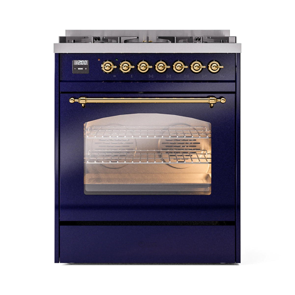 ILVE Nostalgie II 30-Inch Dual Fuel Freestanding Range in Midnight Blue with Brass Trim (UP30NMPMBGLP)