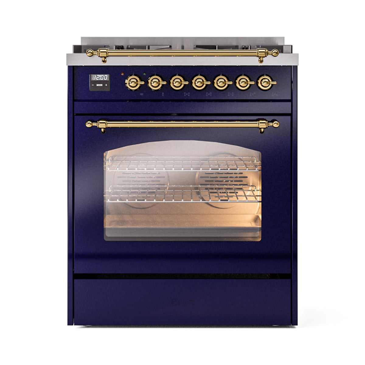 ILVE Nostalgie II 30-Inch Dual Fuel Freestanding Range in Midnight Blue with Brass Trim (UP30NMPMBGLP)
