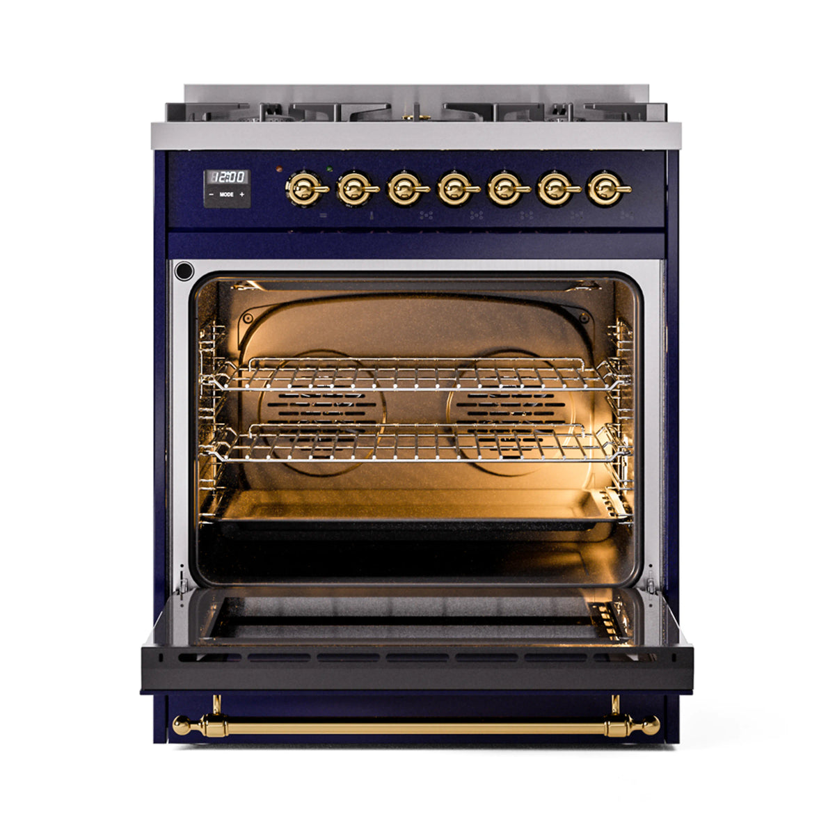 ILVE Nostalgie II 30-Inch Dual Fuel Freestanding Range in Midnight Blue with Brass Trim (UP30NMPMBGLP)