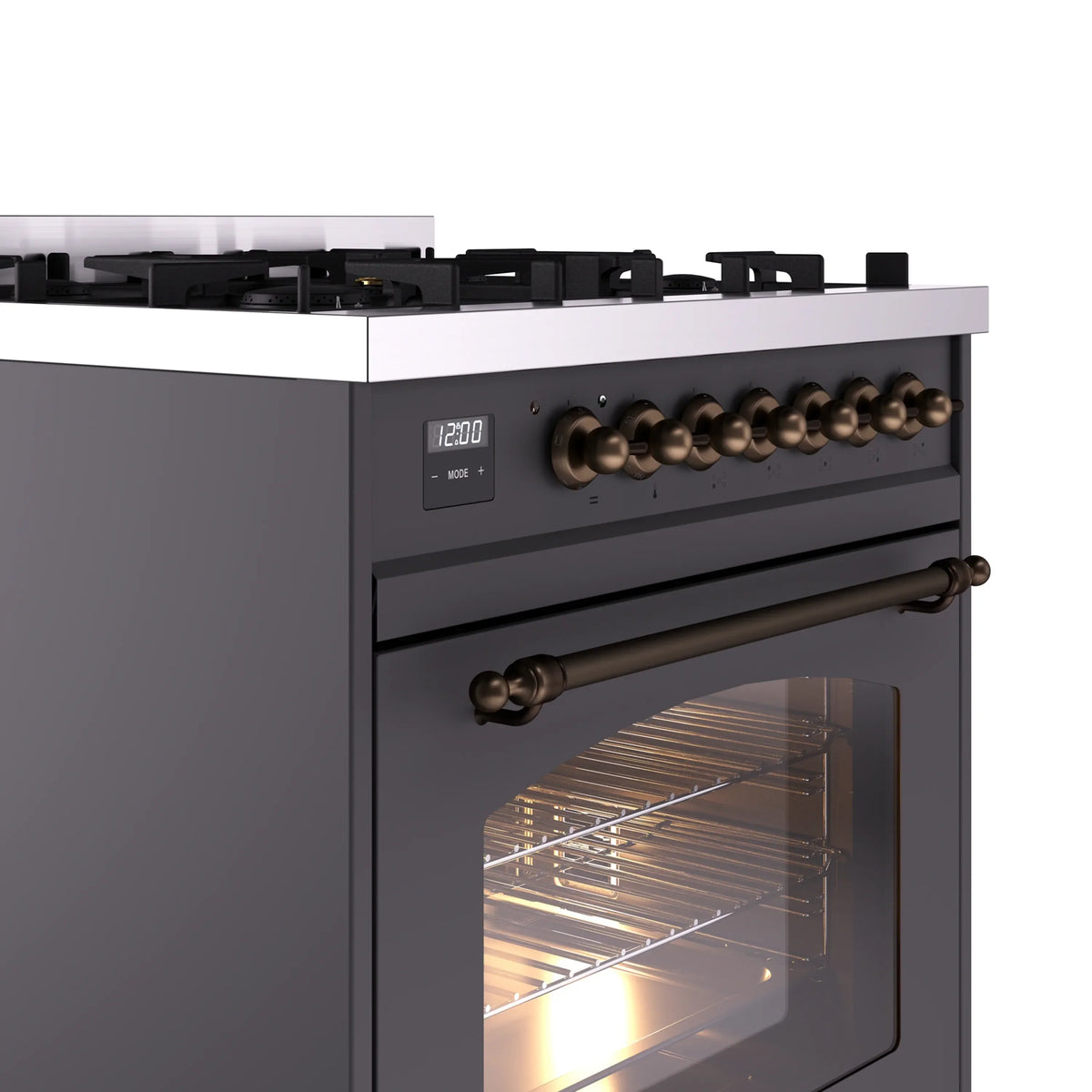 ILVE Nostalgie II 30-Inch Freestanding Natural Gas Dual Fuel Range in Matte Graphite with Burnished Bronze Trim (UP30NMPMGB)