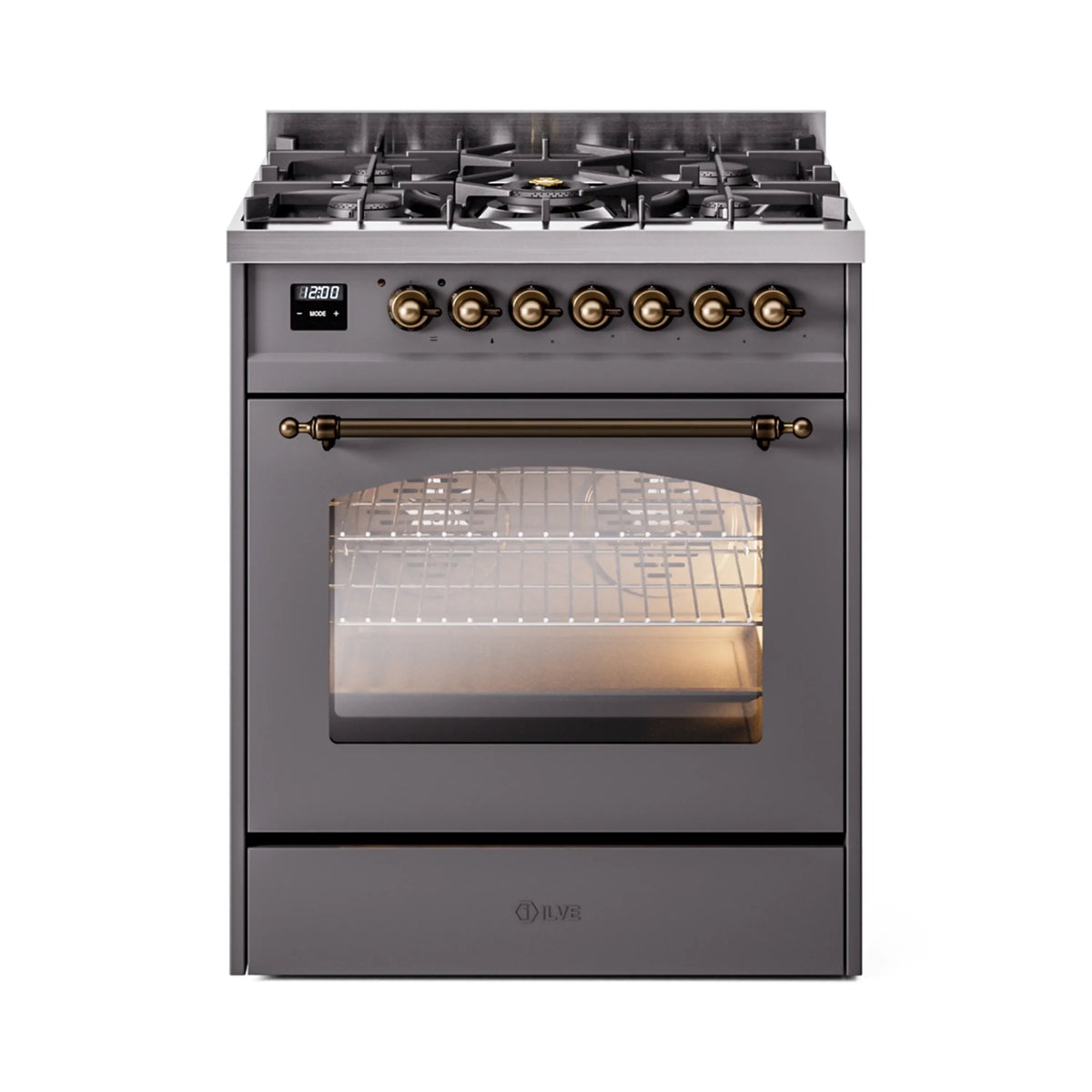 ILVE Nostalgie II 30-Inch Freestanding Natural Gas Dual Fuel Range in Matte Graphite with Burnished Bronze Trim (UP30NMPMGB)