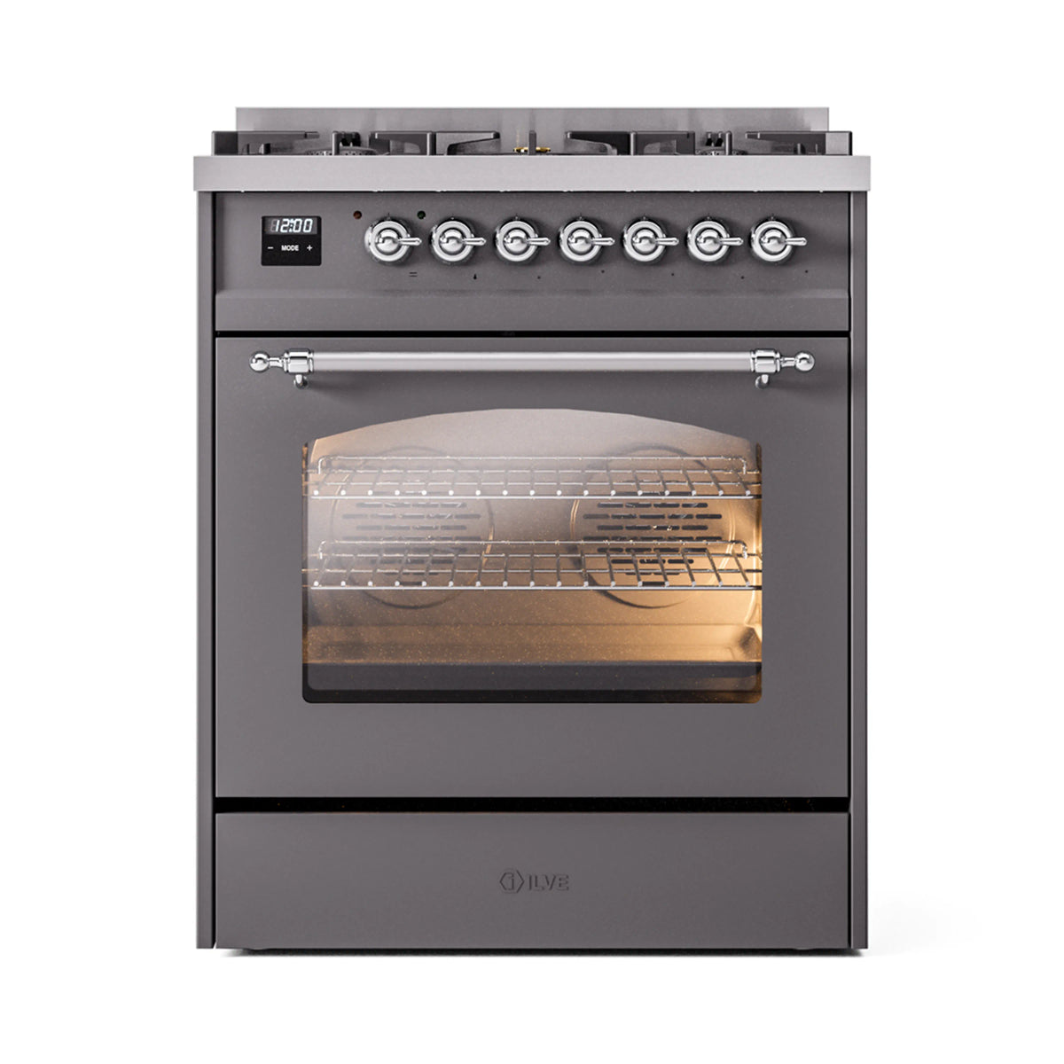 ILVE Nostalgie II 30-Inch Dual Fuel Freestanding Range in Matte Graphite with Chrome Trim (UP30NMPMGCLP)