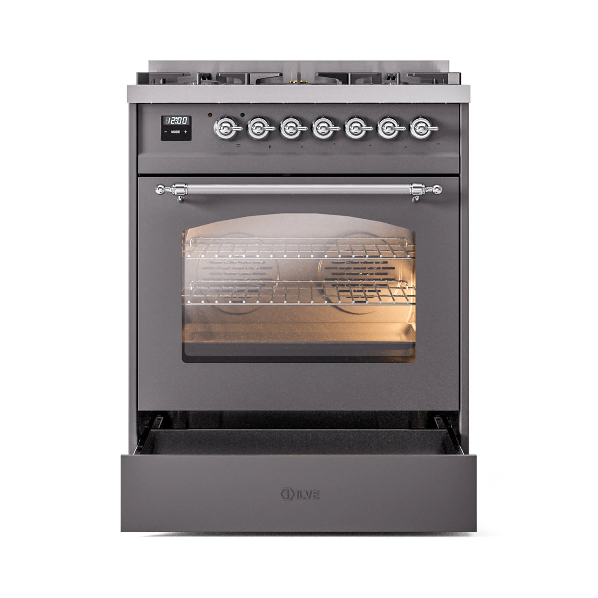 ILVE Nostalgie II 30-Inch Dual Fuel Freestanding Range in Matte Graphite with Chrome Trim (UP30NMPMGCLP)