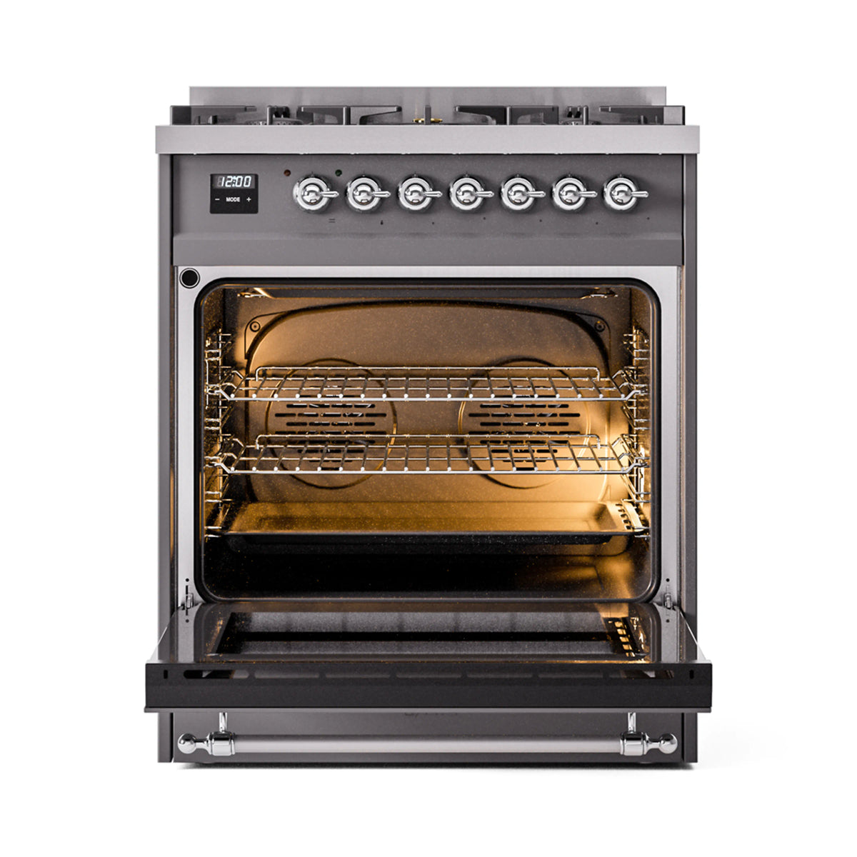 ILVE Nostalgie II 30-Inch Dual Fuel Freestanding Range in Matte Graphite with Chrome Trim (UP30NMPMGCLP)