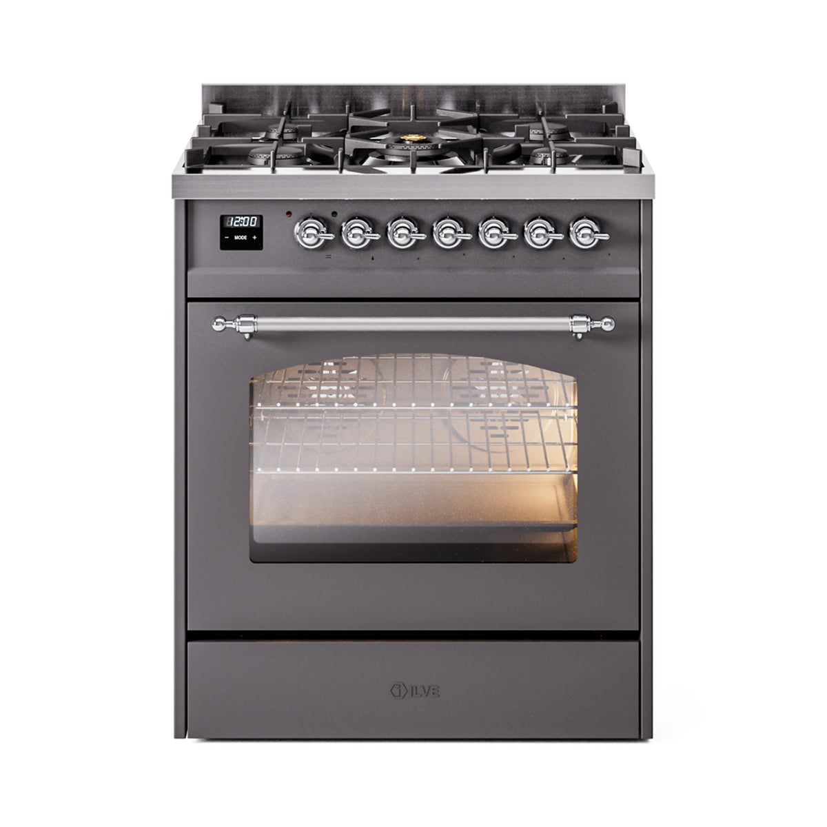 ILVE Nostalgie II 30-Inch Dual Fuel Freestanding Range in Matte Graphite with Chrome Trim (UP30NMPMGCLP)