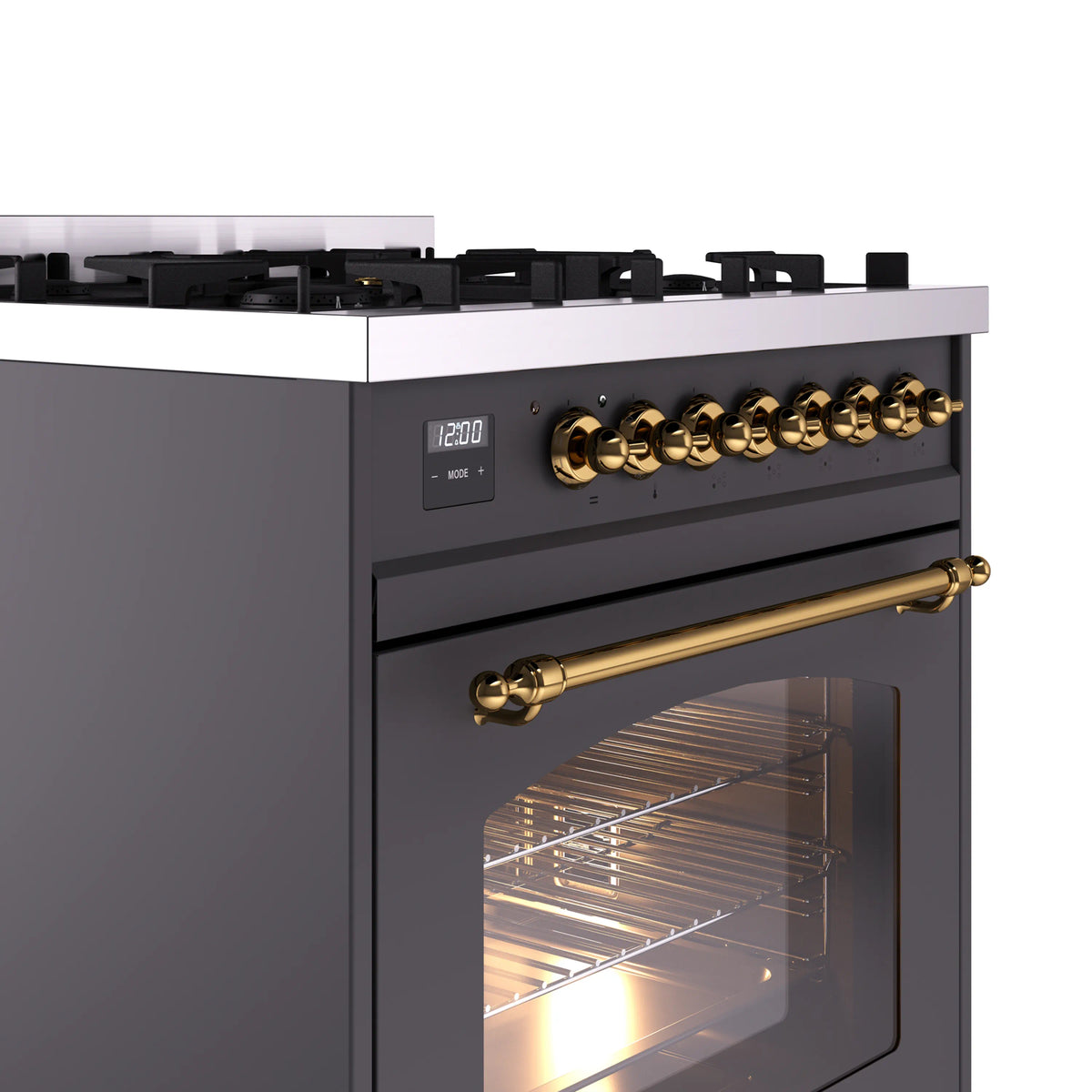 ILVE Nostalgie II 30-Inch Freestanding Natural Gas Dual Fuel Range  in Matte Graphite with Brass Trim (UP30NMPMGG)