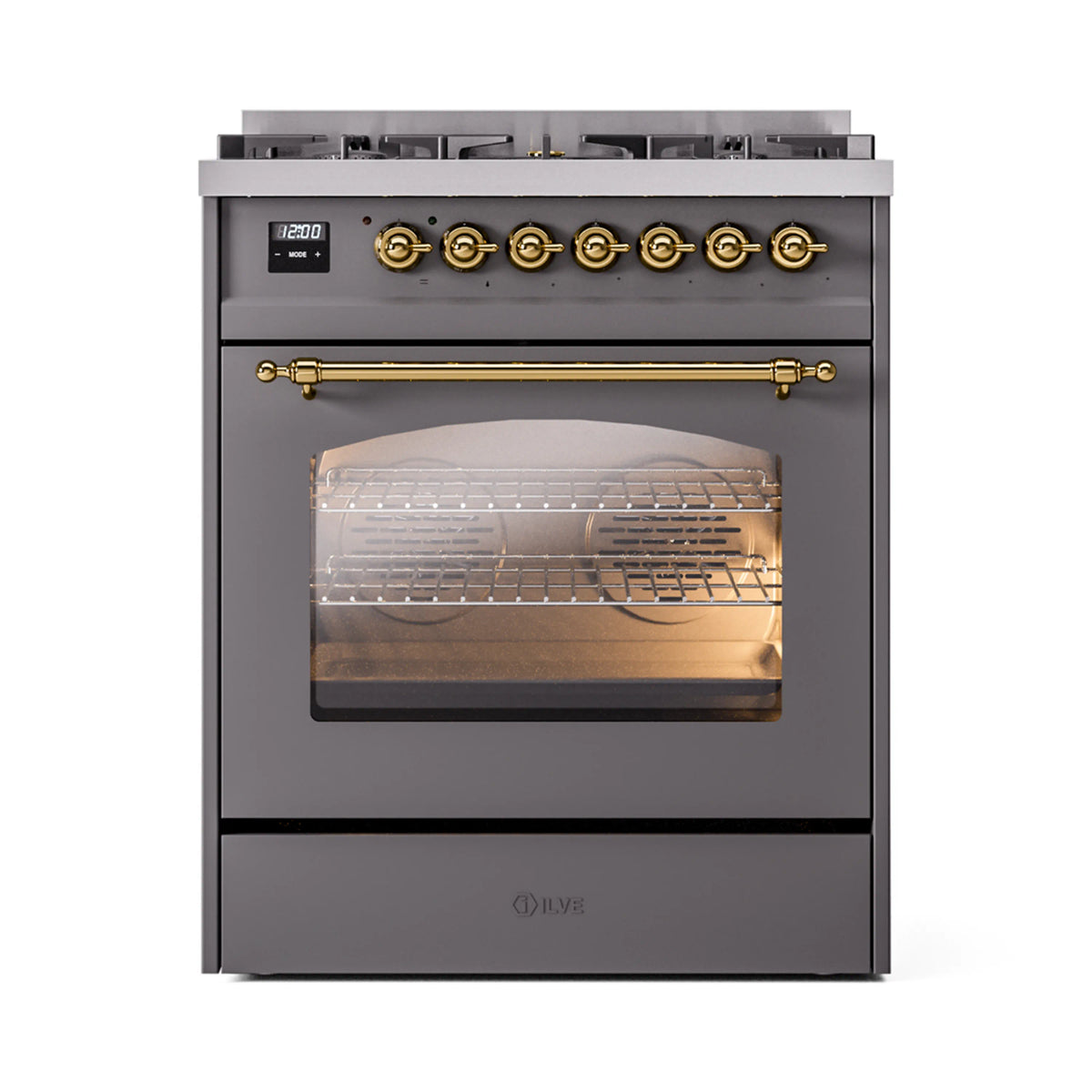 ILVE Nostalgie II 30-Inch Dual Fuel Freestanding Range in Matte Graphite with Brass Trim (UP30NMPMGGLP)