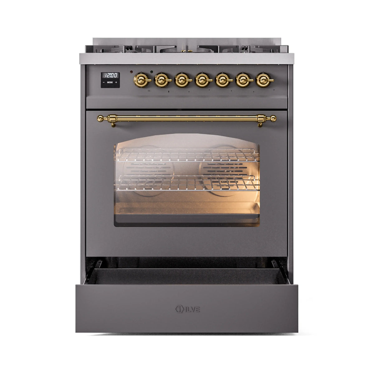 ILVE Nostalgie II 30-Inch Freestanding Natural Gas Dual Fuel Range  in Matte Graphite with Brass Trim (UP30NMPMGG)