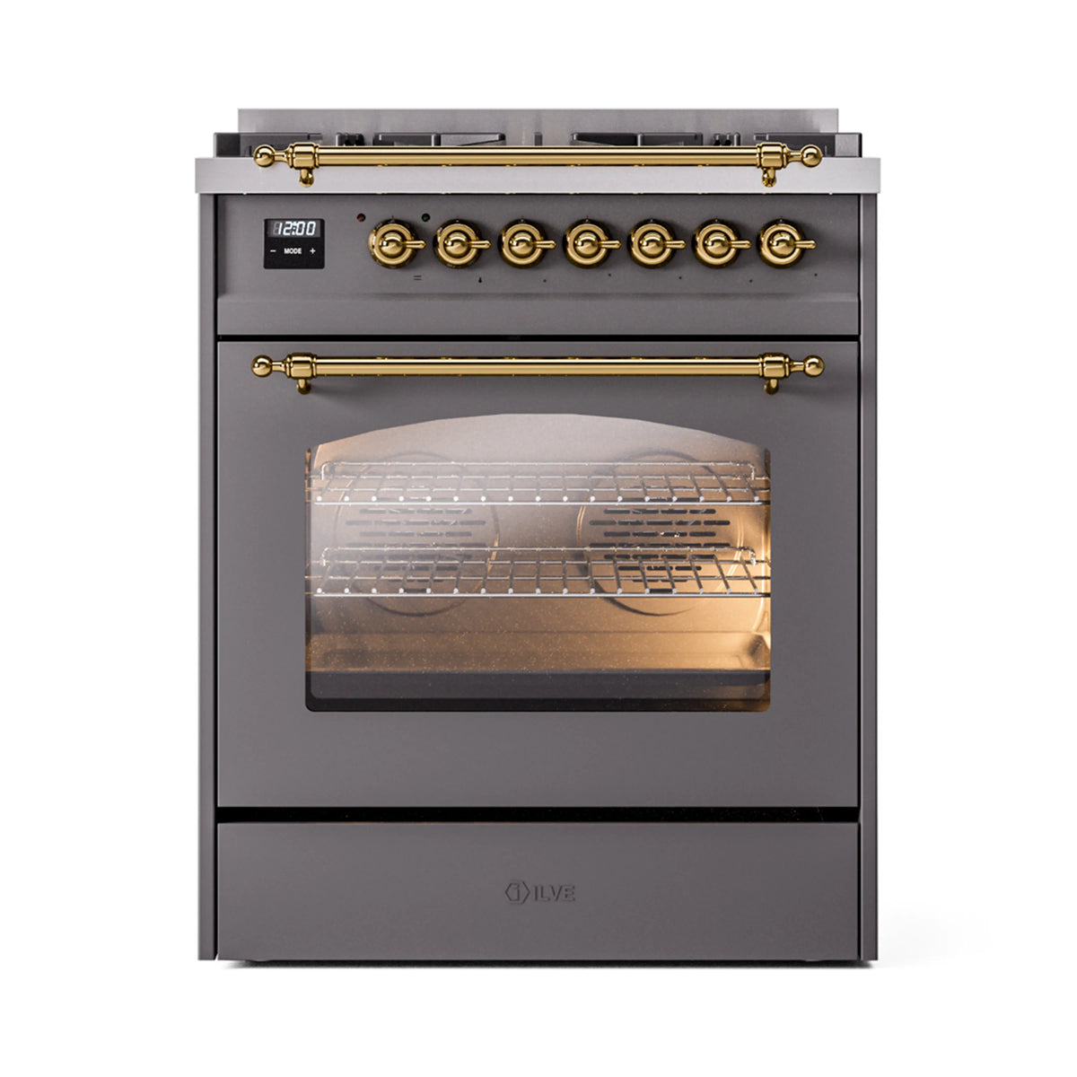 ILVE Nostalgie II 30-Inch Dual Fuel Freestanding Range in Matte Graphite with Brass Trim (UP30NMPMGGLP)