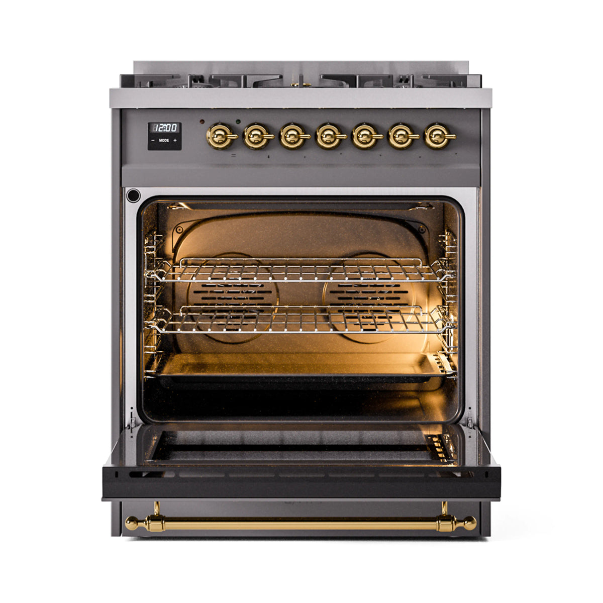 ILVE Nostalgie II 30-Inch Dual Fuel Freestanding Range in Matte Graphite with Brass Trim (UP30NMPMGGLP)