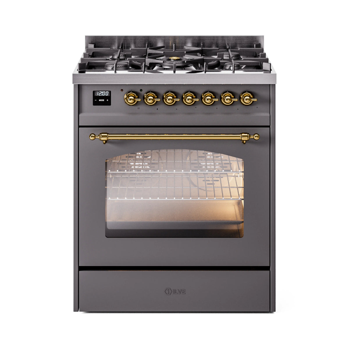 ILVE Nostalgie II 30-Inch Dual Fuel Freestanding Range in Matte Graphite with Brass Trim (UP30NMPMGGLP)