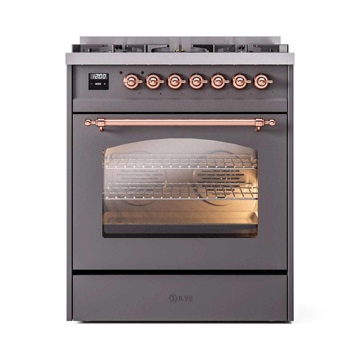 ILVE Nostalgie II 30-Inch Dual Fuel Freestanding Range in Matte Graphite with Copper Trim (UP30NMPMGPLP)