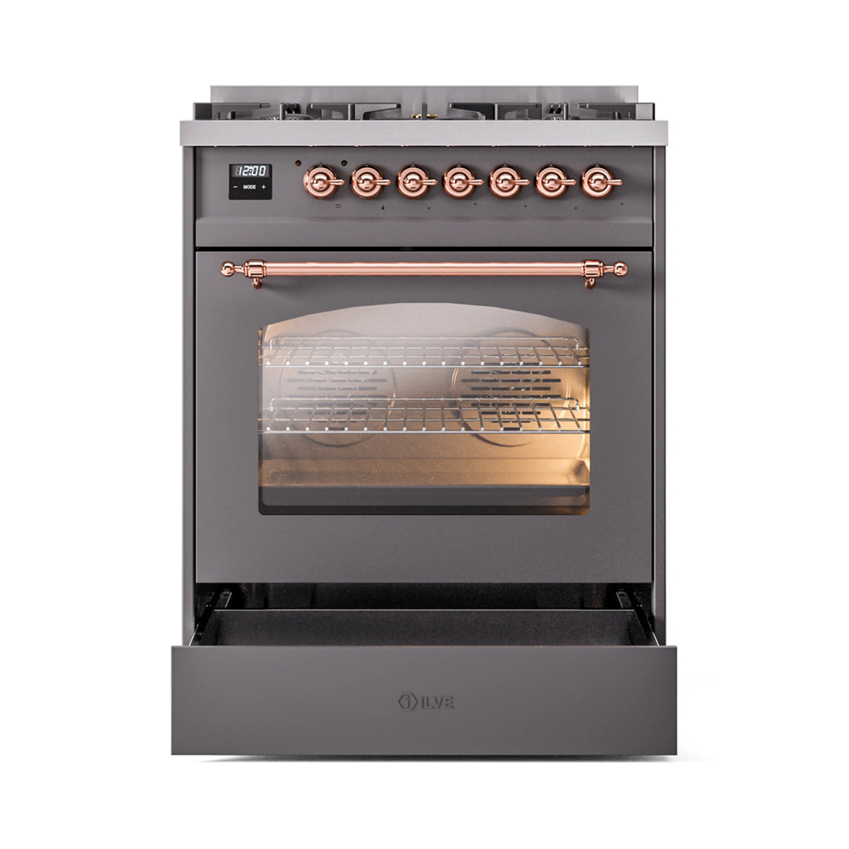 ILVE Nostalgie II 30-Inch Dual Fuel Freestanding Range in Matte Graphite with Copper Trim (UP30NMPMGPLP)