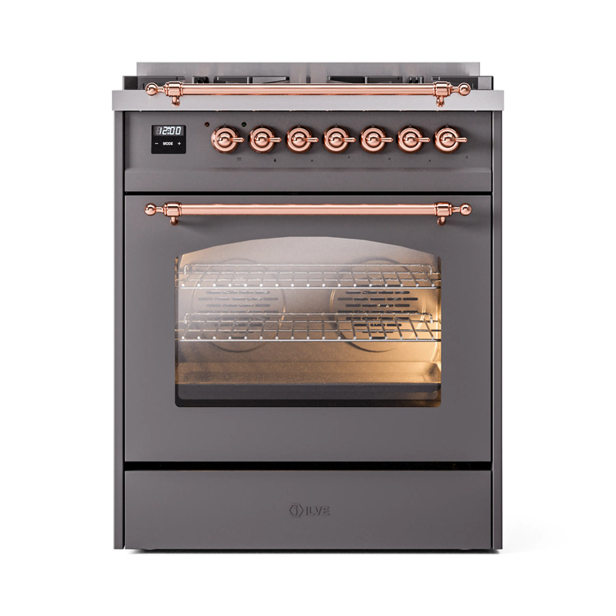 ILVE Nostalgie II 30-Inch Dual Fuel Freestanding Range in Matte Graphite with Copper Trim (UP30NMPMGPLP)