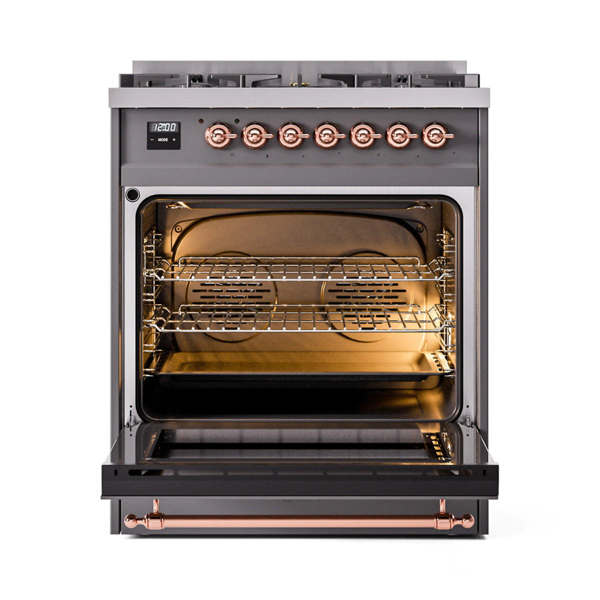 ILVE Nostalgie II 30-Inch Dual Fuel Freestanding Range in Matte Graphite with Copper Trim (UP30NMPMGPLP)